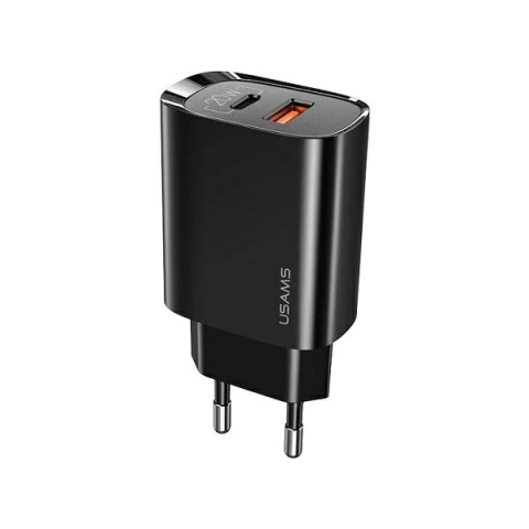 USAMS Nástěnná nabíječka 1xUSB-C 1xUSB T35 20W (pouze hlava) PD3.0 QC3.0 Rychlé nabíjení černá/černá CC121TC02 (US-CC121)