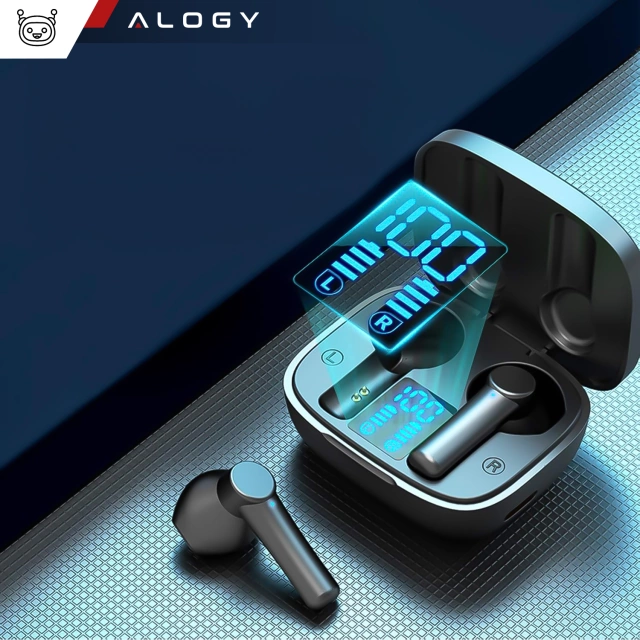 Alogy TWS Bluetooth 5.0 LED-Kopfhörer mit IPX5-Ladecase, Powerbank und USB-C-Anschluss, Schwarz