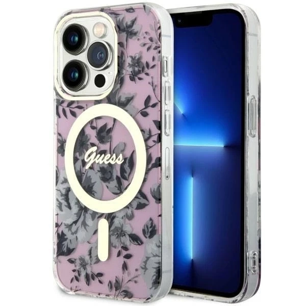 Guess GUHMP14XHCFWSP pouzdro na telefon pro Apple iPhone 14 Pro Max 6,7" růžové/růžové pevné pouzdro Flower MagSafe