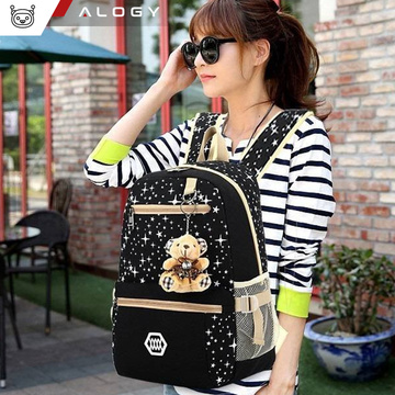 3in1 backpack school urban youth school bag pencil case cosmetic bag keychain teddy bear capacious women's Black with stars Alogy