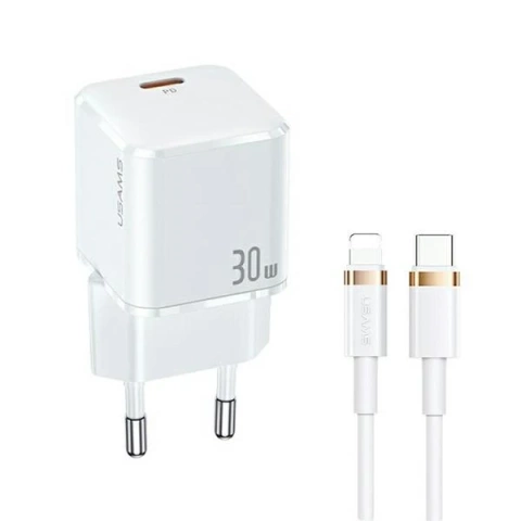 USAMS Nástěnná nabíječka 1x USB-C T45 30W PD3.0 Fast Charging kabel U63 USB-C/Lightning bílá/bílá UXTZH02 (USAMS-UX)