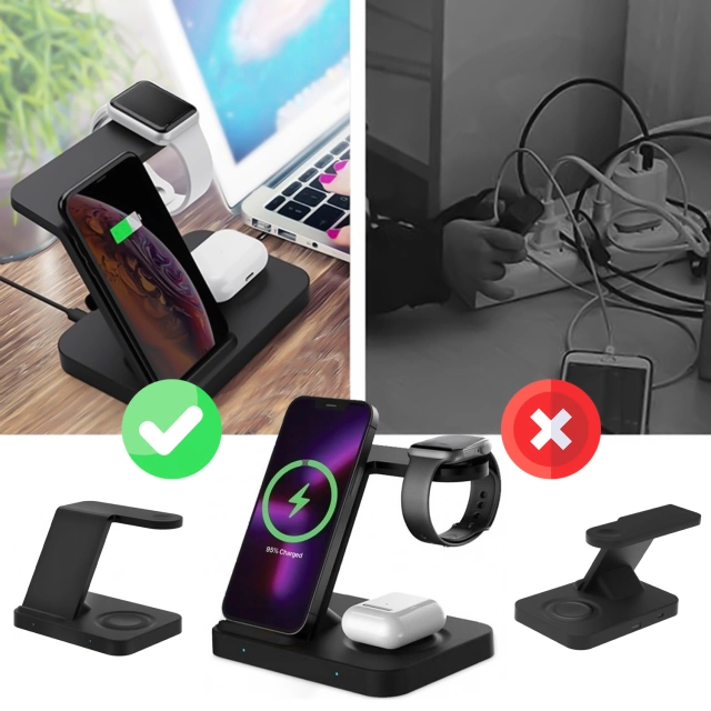 Qi 15W induktives Ladegerät für iPhone Apple Watch AirPods kabellose 3in1 Dockingstation Schwarz