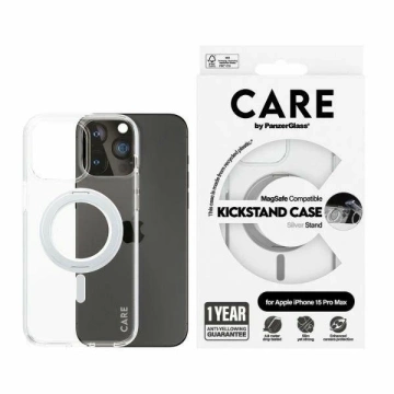 Puzdro na iPhone 15 Pro Max CARE by PanzerGlass, stojan MagSafe, strieborný