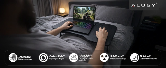 Stolik składany gamingowy 60×40 cm – biurko na laptopa z powierzchnią Carbon, lekki i przenośny, stabilna konstrukcja do domu i grania – Alogy CarbonDesk™ Czarny
