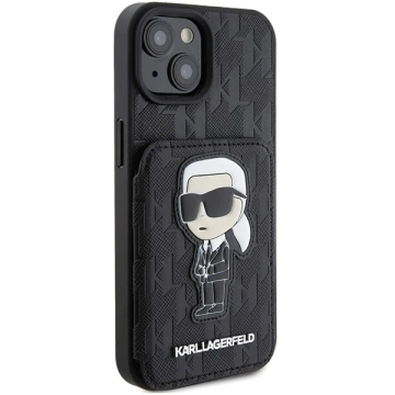 Etui Karl Lagerfeld KLHCP15SSAKKNSCK na iPhone 15 6,1" čierne/čierne pevné puzdro Saffiano Sloty na karty a stojan Monogram Ikonik Patch