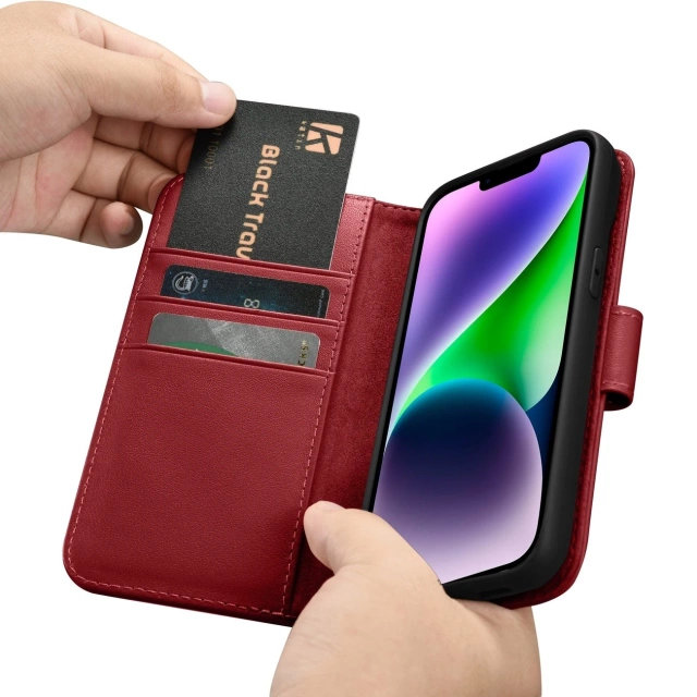 iCarer Wallet Case 2v1 kryt iPhone 14 Plus Anti-RFID kožený flipový kryt červený (WMI14220727-RD)