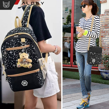 3in1 backpack school urban youth school bag pencil case cosmetic bag keychain teddy bear capacious women's Black with stars Alogy