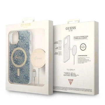 Nabíjačka puzdier Zestaw Guess GUBPP14SH4EACSB iPhone 14 6,1" niebieski/modré pevné puzdro 4G Print MagSafe