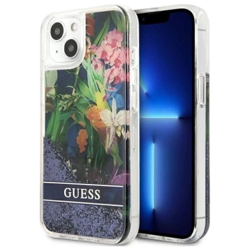 Guess GUHCP13SLFLSB iPhone 13 mini 5,4" niebieski/modré pevné puzdro Flower Liquid Glitter