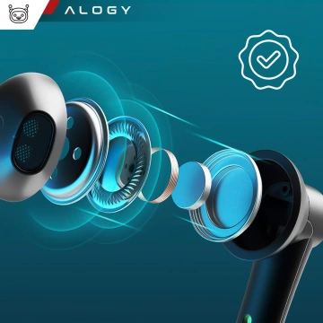 Бездротові навушники Alogy TWS Bluetooth 5.0 LED із зарядним футляром IPX5, зарядним портом USB-C, чорними