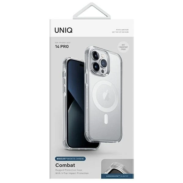 UNIQ Combat Case pro iPhone 14 Pro 6,1" Magclick Charging transparentní/holubičí saténové čiré