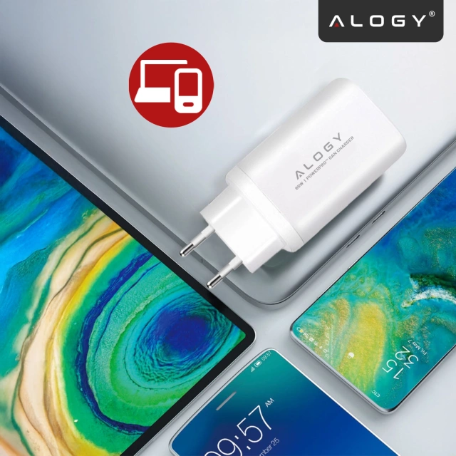 Alogy GaNCarge Kompaktná nástenná nabíjačka 3v1 rýchle nabíjanie GaN3 65W USB-A 30W 2x USB-C 65W biela