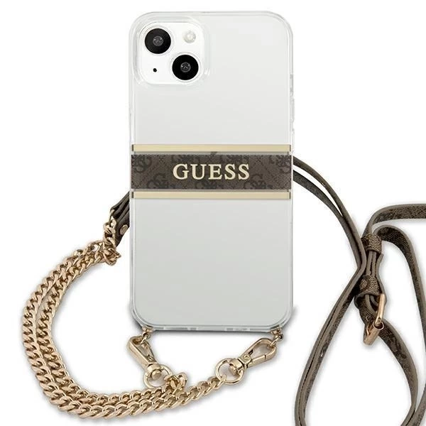 Guess GUHCP13SKC4GBGO iPhone 13 mini 5,4" priehľadné pevné puzdro 4G hnedý remienok zlatá retiazka