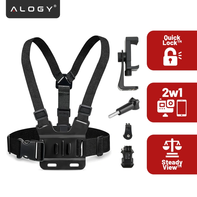 Szelki sportowe uchwyt na klatkę piersiową Alogy Chest do aparatu, kamer GoPro, telefonu uniwersalne Czarne
