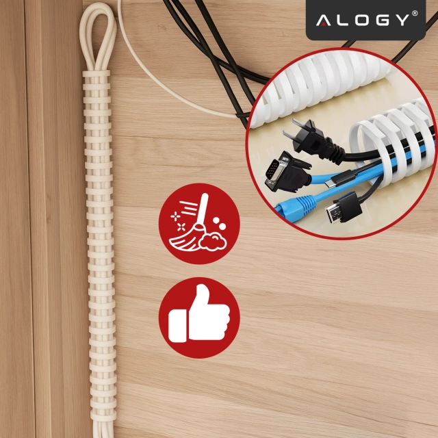 Pružinový organizér kabelů pod stůl - Flexibilní kryt pro správu kabelů 50x4 cm, samolepicí, pro organizaci kabelů - Alogy CableStrip™ bílý