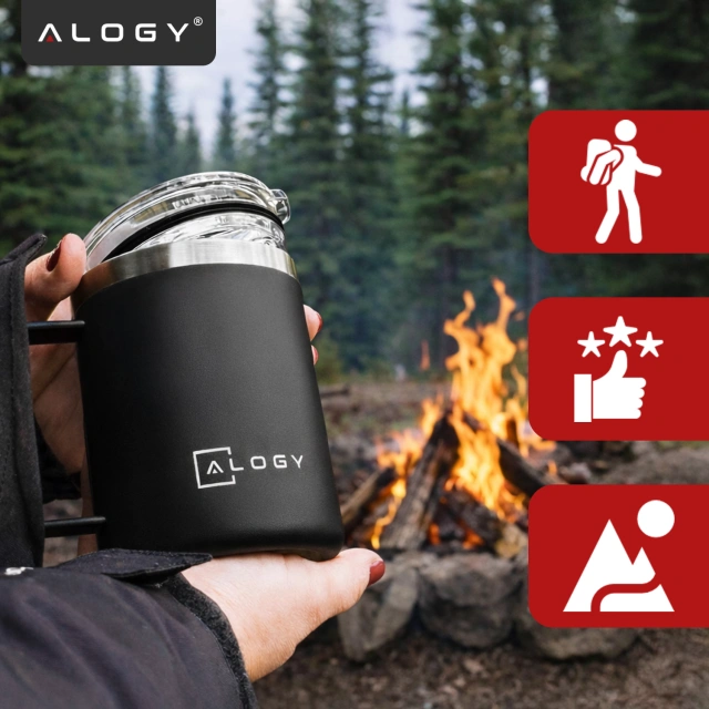 Thermal mug 420 ml with a handle and lid for coffee, tea, steel, cold and hot drinks, Alogy Black