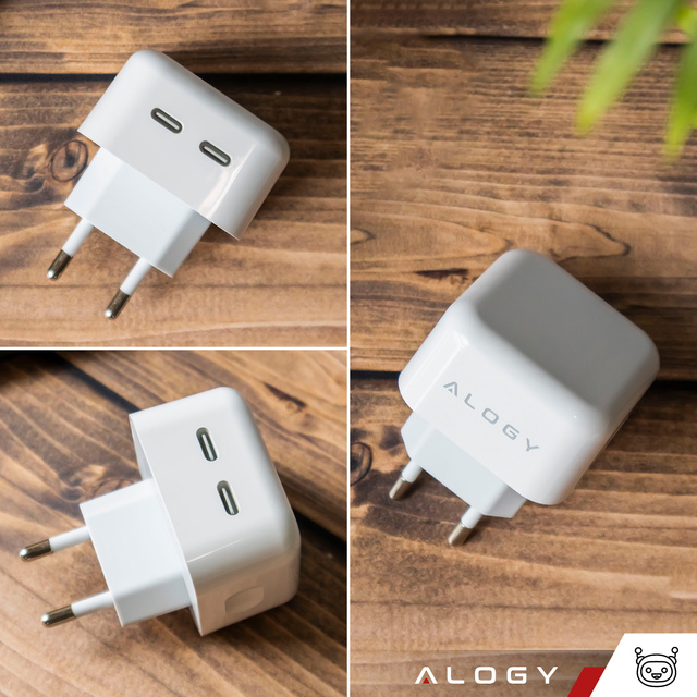 Rýchla 35W nástenná nabíjačka 2x USB-C USB typ C PD pre iPhone Alogy 2-portová kocka Biela
