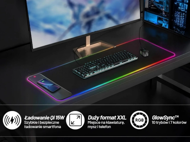 Alogy QiGlow Pro Desk Pad with RGB LED Lighting for Mouse, Keyboard, and Qi Charger for Phones. Anti-slip Protective Gaming Mat XL 80x30 cm Black.