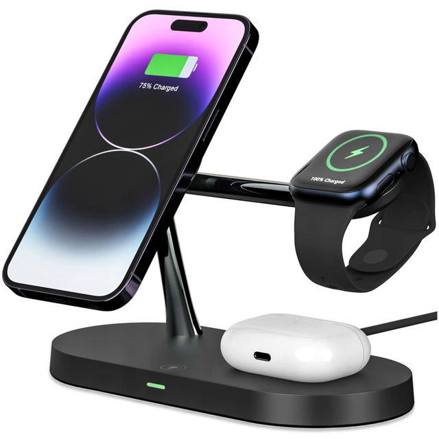 Qi Mag Safe 15W indukční nabíječka pro iPhone Apple Watch AirPods bezdrátová dokovací stanice 5v1 Černá