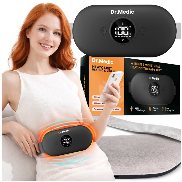 Pas Grzejący z Masażerem na okres i plecy - przeciwbólowy, ciepło + wibracje, 6 poziomów intensywności, akumulator 1800 mAh - Dr.Medic ThermoPulse™ Czarny