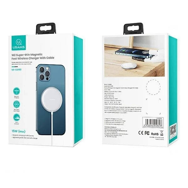 USAMS Індукційний зарядний пристрій US-CD160 magnetic W2 15W алюміній iPhone 12 серії silver/silver CD160DZ01