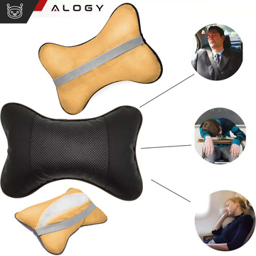 Profiled car neck pillow for the headrest of the car, comfortable soft eco-leather Alogy Black