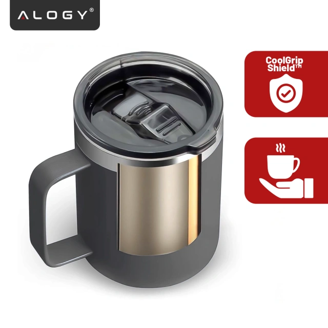 Thermo mug 420ml with handle lid for coffee tea steel cold and hot drinks Alogy Gray