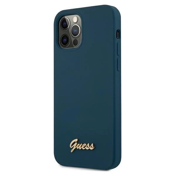 Guess GUHCP12LLSLMGBL iPhone 12 Pro Max 6,7" niebieski/modré pevné puzdro Metal Logo Script