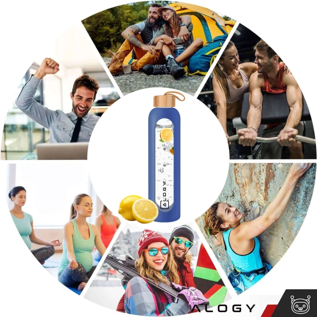 Пляшка скляна велика, поїлка Alogy Motivational мірний стакан 1л 1000мл силіконовий чохол синій