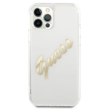 Guess GUHCP12MKTRSVGO iPhone 12/12 Pro 6,1" průhledný pevný obal Vintage Script Gold