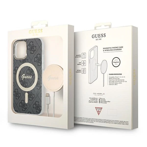 Zestaw Guess GUBPP12MH4EACSK Case Charger iPhone 12/12 Pro čierne/čierne pevné puzdro 4G Print MagSafe