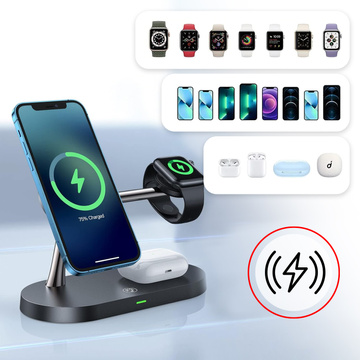 Ładowarka indukcyjna Qi Mag Safe 15W do iPhone Apple Watch AirPods bezprzewodowa 5w1 Stacja dokująca Czarna