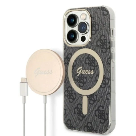 Nabíjačka puzdier Zestaw Guess GUBPP14XH4EACSK iPhone 14 Pro Max 6,7" čierne/čierne pevné puzdro 4G Print MagSafe