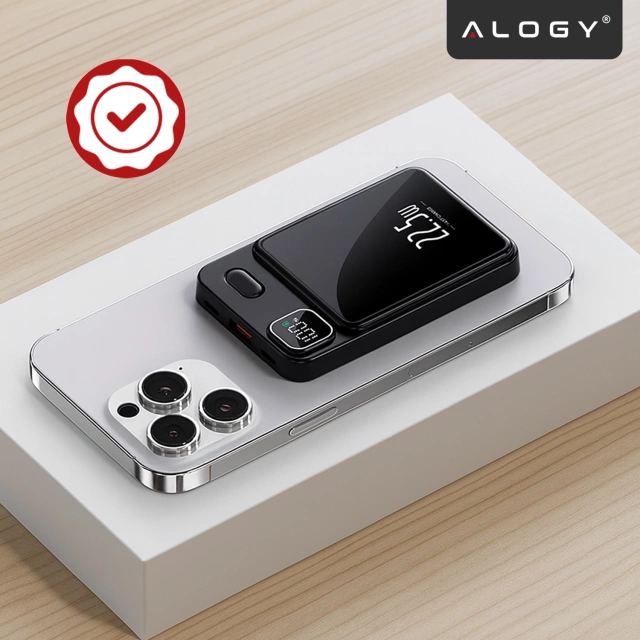 PowerBank Bezprzewodowy 10000mAh z Technologią MagSafe, Szybkie Ładowanie 22.5W PD20W, Kompaktowy i Magnetyczny, Alogy MagCharge™ – Czarny