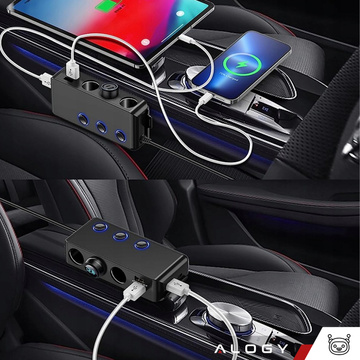 Rozbočovač zásuvky zapalovače 3x do auta 4x USB QC 12-24V Nabíječka Spínač adaptéru 120W Alogy Black
