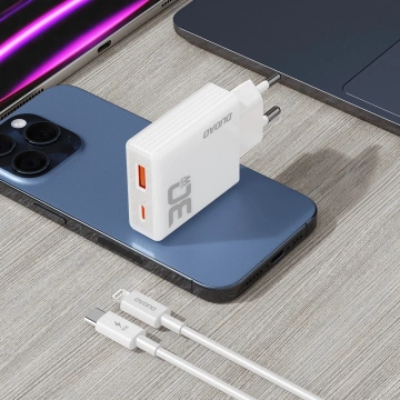 Dudao A30EUL GaN nástěnná nabíječka 30W USB-A / USB-C kabel USB-C - Lightning - Bílá