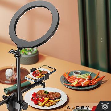 Kruhová LED kruhová lampa 10" 2x držák telefonu stojící stativ na stole s nastavitelným rámem Alogy Black