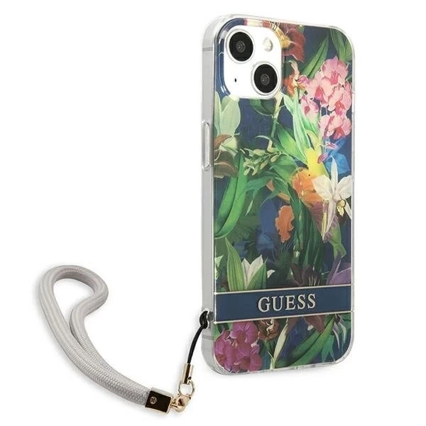 Guess GUHCP13SHFLSB iPhone 13 mini 5,4" niebieski/modré pevné puzdro Flower Strap