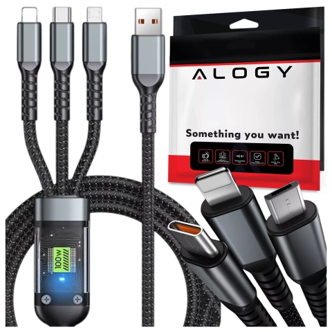 120cm Alogy 3v1 rýchlonabíjací kábel 100W USB na USB-C Micro Lightning čierny