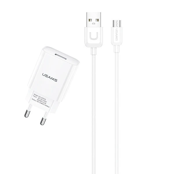 USAMS Nástěnná nabíječka 1x USB T21 micro USB bílá/bílá 2,1A rychlé nabíjení T21OCMC01