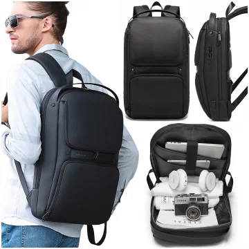 Bange Wasserdichter Rucksack, Laptoptasche, 15,6 Zoll, Reisezubehör, 48 x 30 x 12,5 cm, für Arbeit, Schule, Flugzeug, Herren, Damen, USB und USB-C, Schwarz