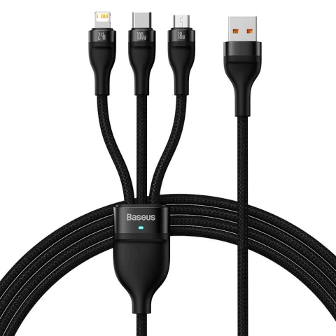 Кабель USB 3w1 Baseus Flash Series, USB-C micro USB Lightning, 100W, 1.2m (чорний)