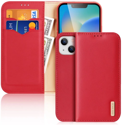 Dux Ducis Hivo Leather Flip Cover Originálna kožená peňaženka na karty a dokumenty iPhone 14 Plus červená