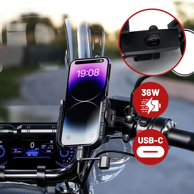 Uchwyt Motocyklowy na Telefon z Szybkim Ładowaniem 36W USB-C PD Kewig do Kierownicy i Lusterka, Rotacja 360°, Kompatybilny z Telefonami 5.4–7" - Czarny