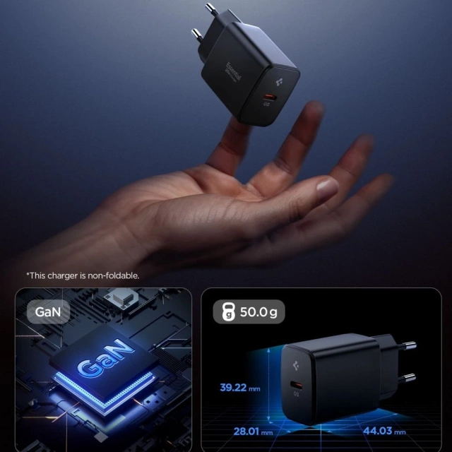 Spigen Essential EE201EU 20W USB-C GaN Quantum Boost Schwarzes Wandladegerät