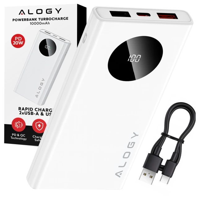 PowerBank Alogy TurboCharge 120W PD PowerDelivery rýchle nabíjanie 10000mAh 2x USB-A 1x USB-C Biela