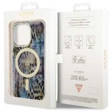 Obal na telefón Guess GUHMP14XHLEOPWB do Apple iPhone 14 Pro Max 6,7" niebieski/modrý pevný obal Leopard MagSafe
