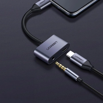 Зарядний адаптер Ugreen CM193 USB-C на 3,5 мм Mini Jack USB-C сірого кольору
