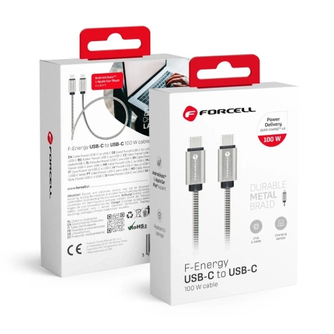 USB-C-auf-USB-C-Kabel 100 W 1 m Forcell Steel QC 4.0 PD E-Mark