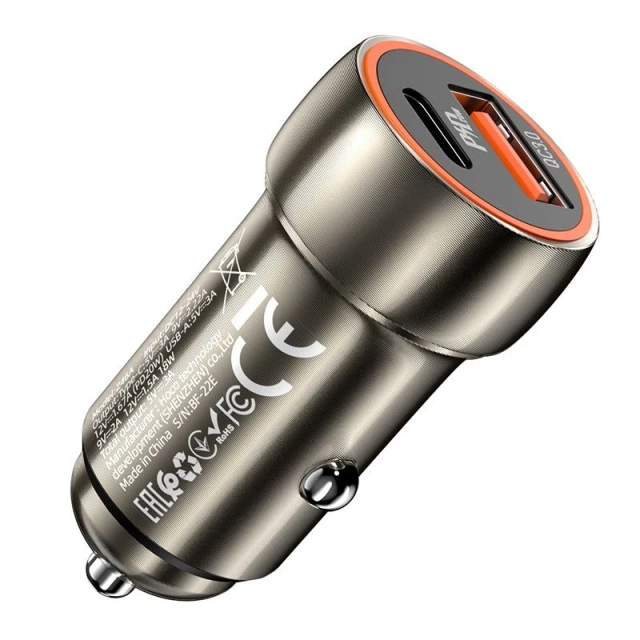 Ładowarka samochodowa HOCO USB A + Typ C PD QC3.0 3A 20W Z46A szary